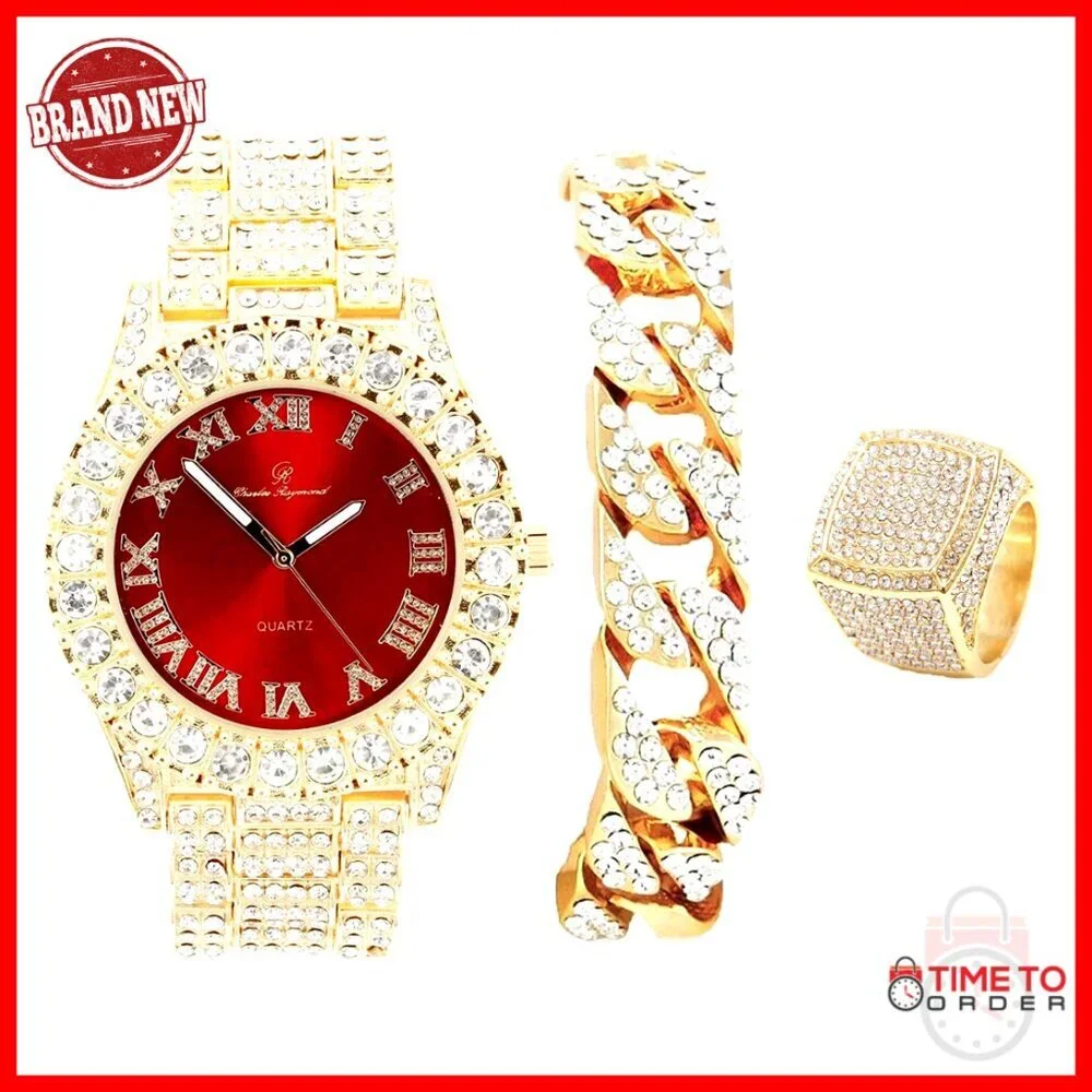 Men's Gold Tone Watch Set with Simulated Diamonds and Cuban Chain Bracelet